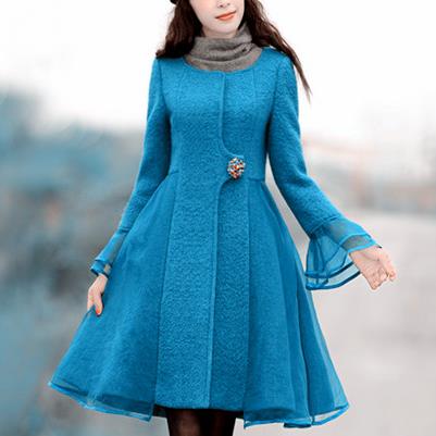 plus size 3XL New Autumn Winter Vintage Slim Long sleeve Wool Coat Women o-Neck Organza Patchwork Woolen Jacket - LiveTrendsX