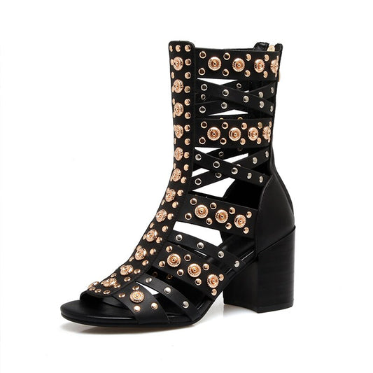 Summer Rivet Boots Open Toe Hollow Real Leather Rivet Sandals Square Heel Rome High Heel Sandals Women Gladiator Shoes - LiveTrendsX