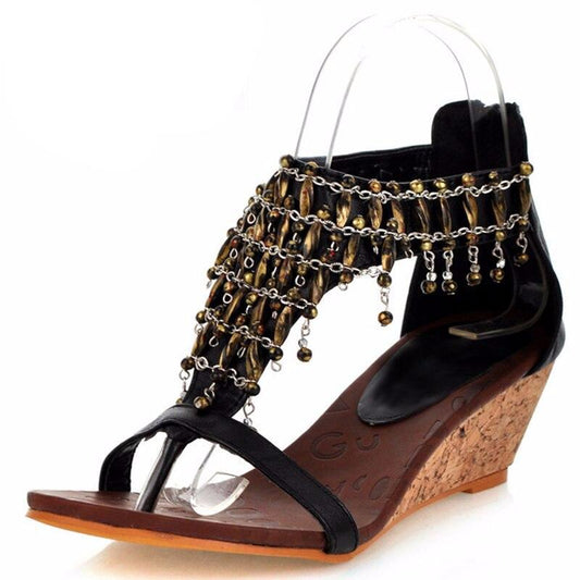 Rhinestone Bohemia Wedge Ankle Wrap Peep Toe Women Summer Sandals 2019 Crystal Lady Beading Flip Flops Plus Size 30-43 SXQ0505 - LiveTrendsX