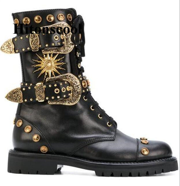 Runway Luxury Rivet Studded Ankle Boots Design Metal Buckles Decor Low Heels Booties Shoes Woman Fashion Women Martin Boots - LiveTrendsX