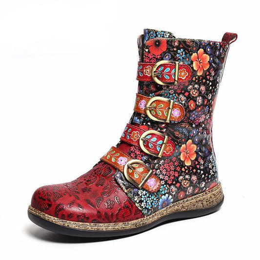 Women Boots Retro Printed Metal Buckle Genuine Leather Zipper Ankle Boots Ladies Shoes Women Botines Mujer 2020 - LiveTrendsX