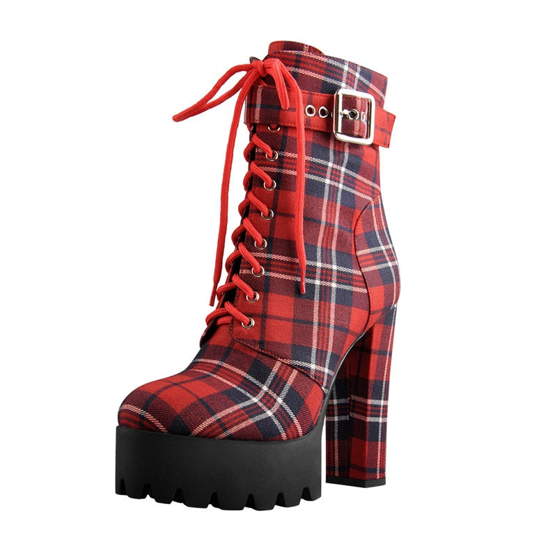 Women's Platform Ankle Boots Buckle Strap Chunky Heel Red Plaid Lace Up Side  Zipper Round Toe Booties For Winter - LiveTrendsX