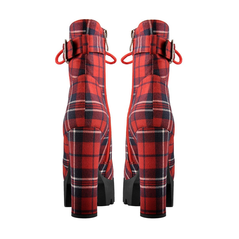 Women's Platform Ankle Boots Buckle Strap Chunky Heel Red Plaid Lace Up Side  Zipper Round Toe Booties For Winter - LiveTrendsX