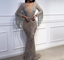Load image into Gallery viewer, Dubai Luxury Long Sleeves Tassel Evening Dresses 2020 V-Neck Beading Sequined Sexy Evening Gowns - LiveTrendsX
