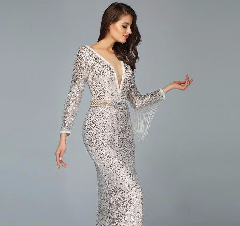 Dubai Luxury Long Sleeves Tassel Evening Dresses 2020 V-Neck Beading Sequined Sexy Evening Gowns - LiveTrendsX