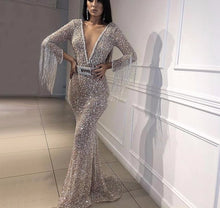 Load image into Gallery viewer, Dubai Luxury Long Sleeves Tassel Evening Dresses 2020 V-Neck Beading Sequined Sexy Evening Gowns - LiveTrendsX
