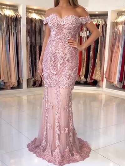 Pink Mermaid Boat Neck Sexy Evening Dresses 2020 Lace Pears Diamond Elegant Fashion Formal Evening Dress - LiveTrendsX