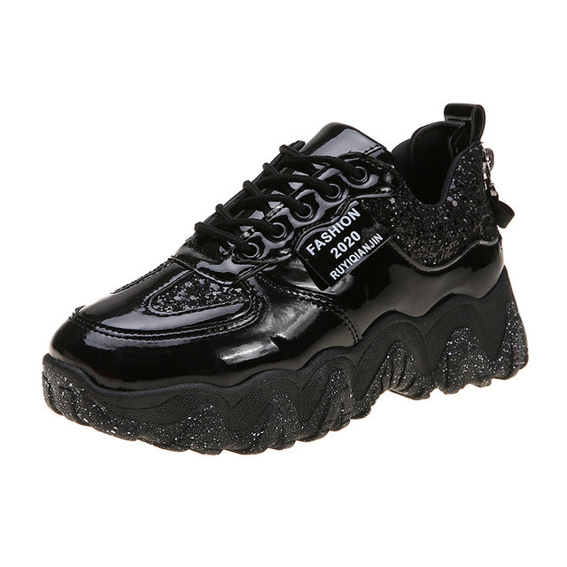 Spring Women Casual Shoes Chunky Sneakers Shoes Breathable Bling Black Vulcanized Shoes Woman Lace Up Basket Femme Scarpe Donna - LiveTrendsX