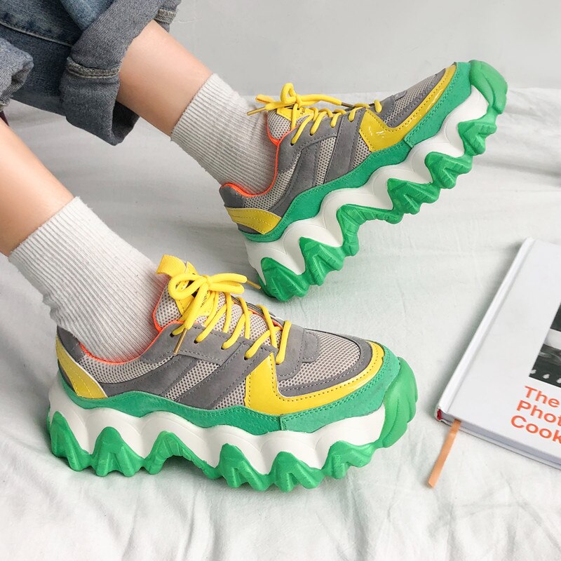Women Platform Shoes Mesh Autumn Breathable Lace-up Green Ladies Shoes Dad Chunky Sneakers Casual Vulcanized Shoes Feamle - LiveTrendsX