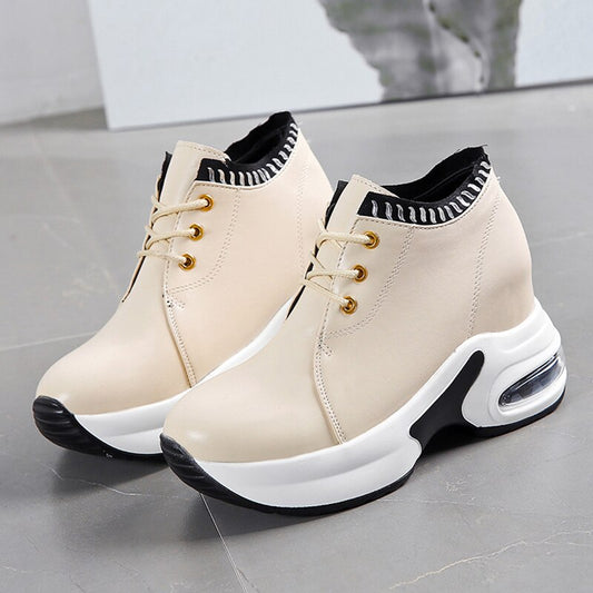 Spring Increase Height Wedge Sneakers Simple Lace Up High Platform Sneakers Fashion Beige Brown Casual PU Leather Shoes Outdoor - LiveTrendsX