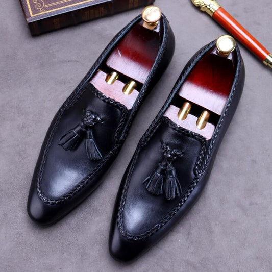 New Italian Genuine Leather Men's Comfortable Casual Loafers Pointed Toe Slip on Man Handmade Formal Tassels Shoes - LiveTrendsX