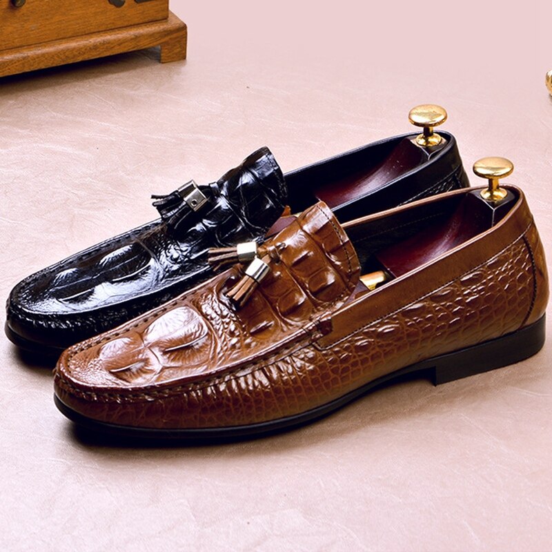 New Fashion Genuine Leather Men's Casual Loafers Round Toe Slip on Man Handmade Alligator Pattern Tassels Driving Shoes - LiveTrendsX