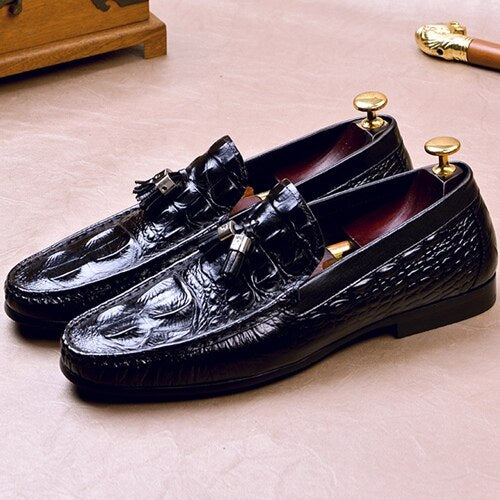 New Fashion Genuine Leather Men's Casual Loafers Round Toe Slip on Man Handmade Alligator Pattern Tassels Driving Shoes - LiveTrendsX