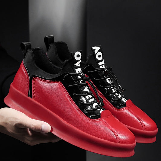 Mens Fashion Casual Sneakers Luxury Brand Pu Leather Shoes Men Red Thick Soled Young Casual Shoes Elastic Band Big Boy Flat Shoe - LiveTrendsX
