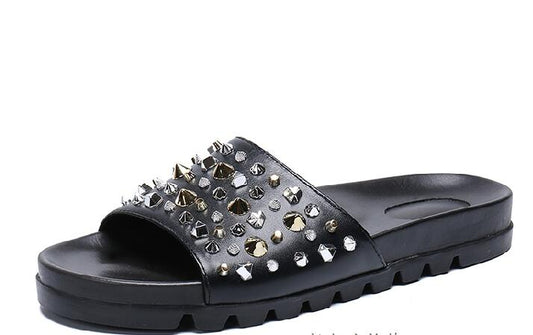 Men's Slippers flip flops Flat  rivet  Beach Fashion Outside Narrow Band Sewing Men Shoes Leisure cow leather Summer pantuflas - LiveTrendsX