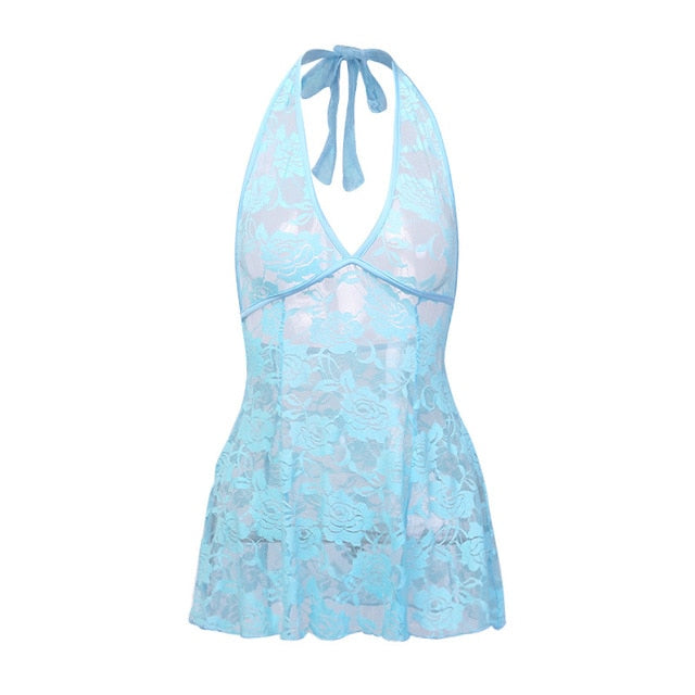 Shestyle Lace Mesh Sexy Halter Camis Scoop Back Backless Blue Deep V Neck Flare Flower Embroidery Strappy Tops See Through Dress - LiveTrendsX