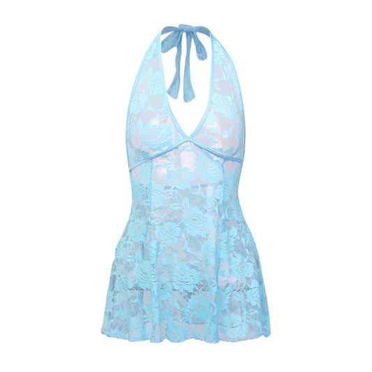 Shestyle Lace Mesh Sexy Halter Camis Scoop Back Backless Blue Deep V Neck Flare Flower Embroidery Strappy Tops See Through Dress - LiveTrendsX