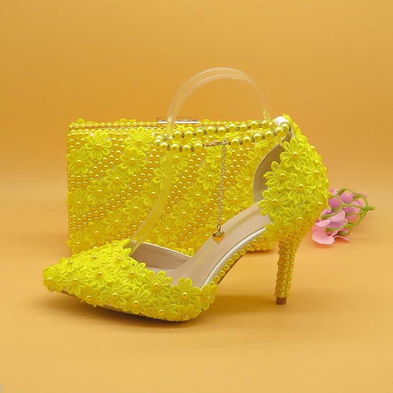 7cm/9cm Yellow Flower Wedding Shoes With Matching Bags High Heels Pointed Toe Ankle Strap Ladies Party shoe and bag set - LiveTrendsX