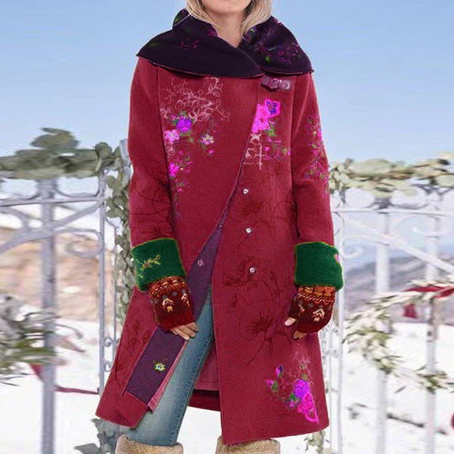 Women Retro Print Jacket autumn Winter Warm Cape Shawl Coat fashion elegant embroidery floral pattern Outerwear long coat tops - LiveTrendsX