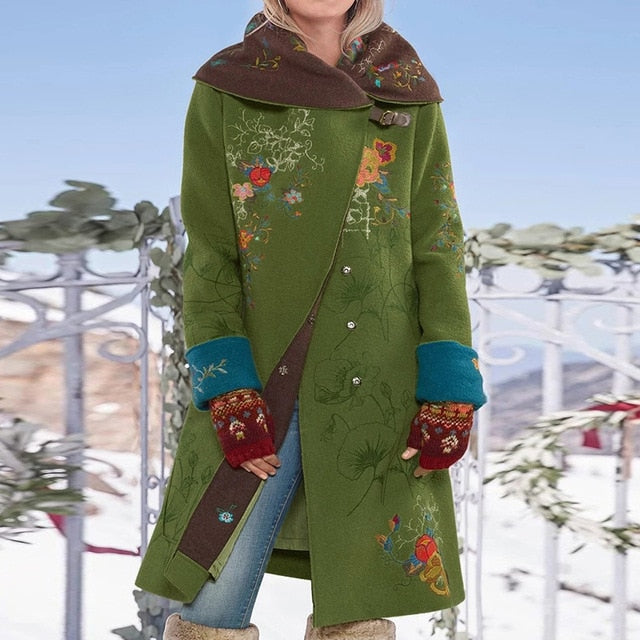 Women Retro Print Jacket autumn Winter Warm Cape Shawl Coat fashion elegant embroidery floral pattern Outerwear long coat tops - LiveTrendsX