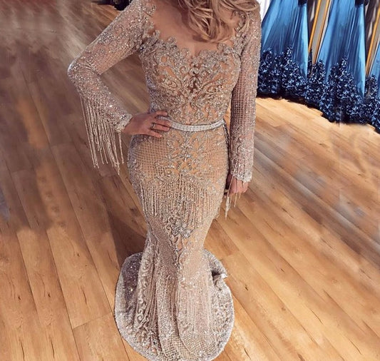 Dubai Luxury Long Sleeve Sparkle Evening Dresses 2020 Sequined Beading Evening Gowns - LiveTrendsX