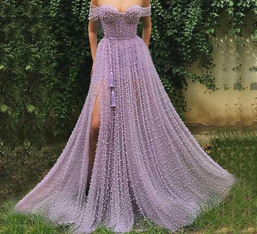 Purple Pearls Evening Dress 2020 Formal Dresses Shor Sleeves Open Back Slit A line Prom Elegant Dress Gown Long Dress Evening - LiveTrendsX
