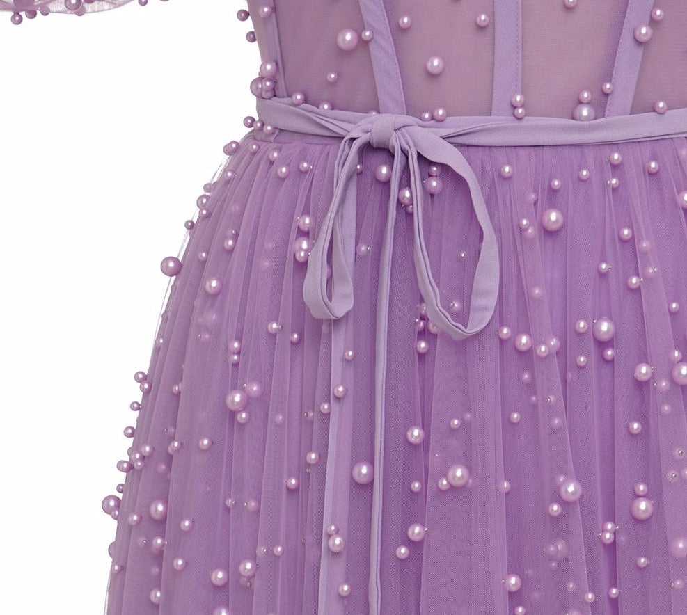 Purple Pearls Evening Dress 2020 Formal Dresses Shor Sleeves Open Back Slit A line Prom Elegant Dress Gown Long Dress Evening - LiveTrendsX