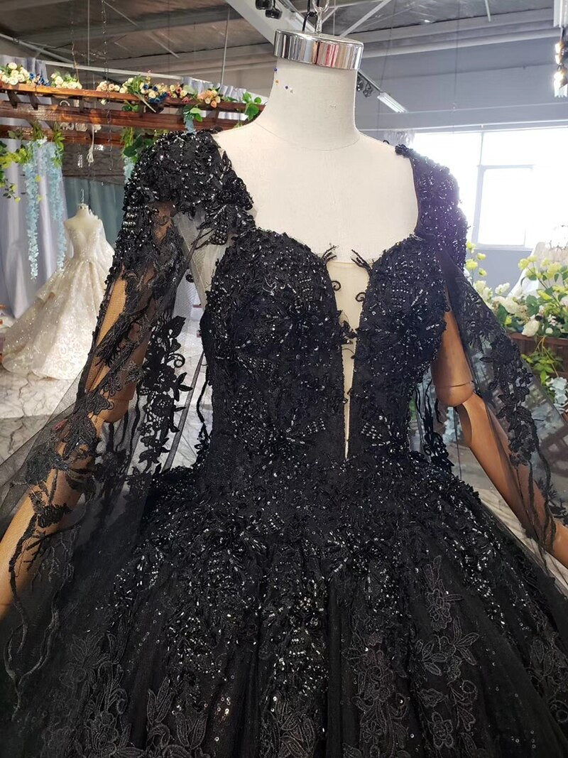 women evening dress long black square neck handwork bead appliques lace long evening gowns with cape abiye gece elbisesi - LiveTrendsX
