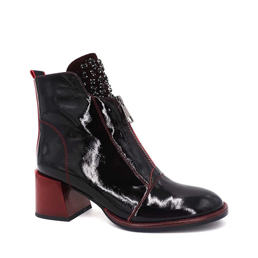 Spring Autumn Women Ankle Boots Thick Heel Patent leather Black Temperament Shoes  Ladies High Quality Boots - LiveTrendsX