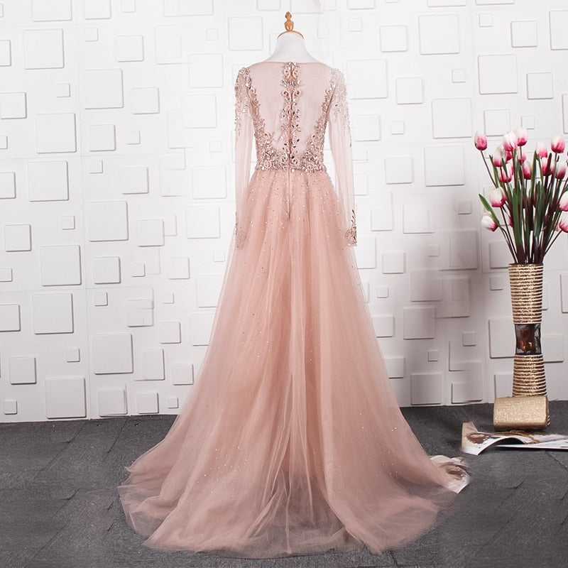 long sleeve evening dress v-neck zipper back pink long formal dress evening gown A-line yellow vestidos de boda invitada - LiveTrendsX
