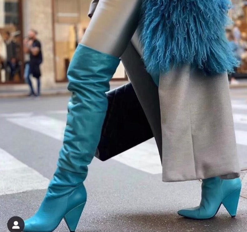 Thigh High Boots Women Chunky Heels Sexy Blue Genuine Leather Over-the-knee Pleated Long Boots - LiveTrendsX