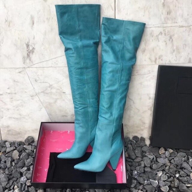 Thigh High Boots Women Chunky Heels Sexy Blue Genuine Leather Over-the-knee Pleated Long Boots - LiveTrendsX