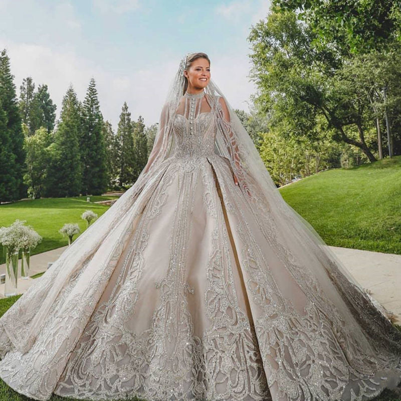 Luxury Dubai Wedding Dresses 2020 Gorgeous Sparkly High Neck Illusion Top Wedding Gowns Robe De Mariee - LiveTrendsX