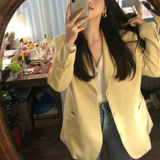 Women Spring Casual Long Blazers Jackets Coat Notched Collar Yellow Chaqueta Mujer Pocket Outerwear Loose Plus Size - LiveTrendsX