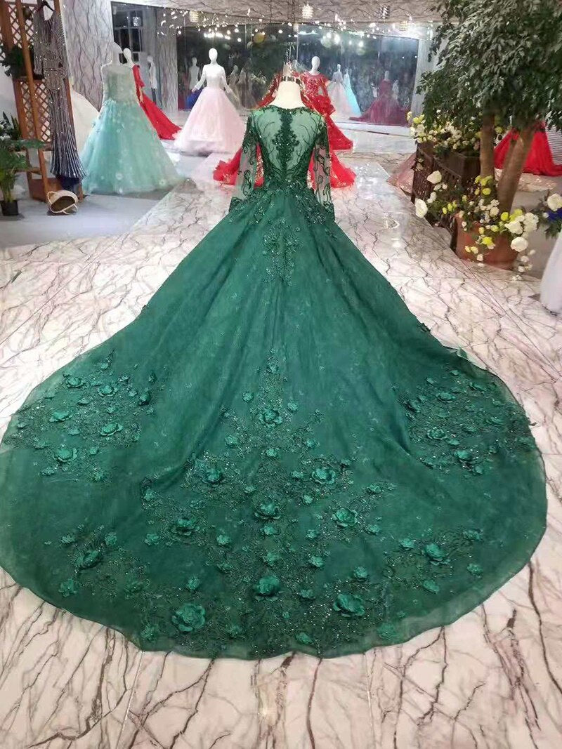 green mothers of brides dress wedding party long tulle sleeve o-neck zipper back muslim  evening dress A-line party dress - LiveTrendsX
