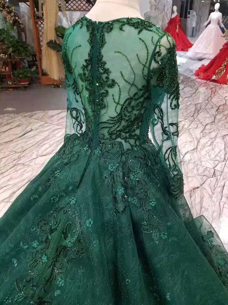 green mothers of brides dress wedding party long tulle sleeve o-neck zipper back muslim  evening dress A-line party dress - LiveTrendsX