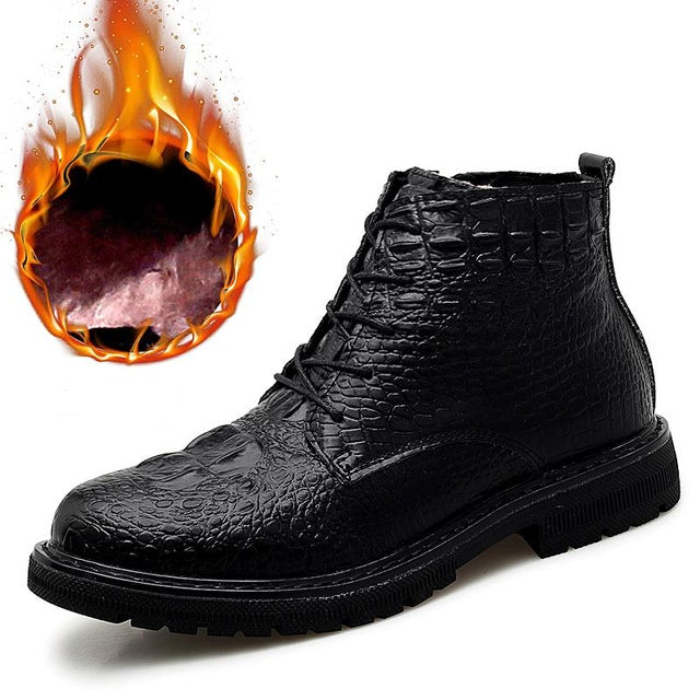 Business Men Boots Elite Men's Shoes Crocodile Texture Fur Men Snow Boots High Quality Leather Shoes Warm Chelsea Boots - LiveTrendsX