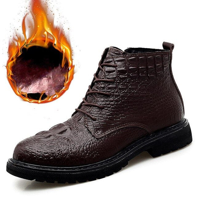 Business Men Boots Elite Men's Shoes Crocodile Texture Fur Men Snow Boots High Quality Leather Shoes Warm Chelsea Boots - LiveTrendsX