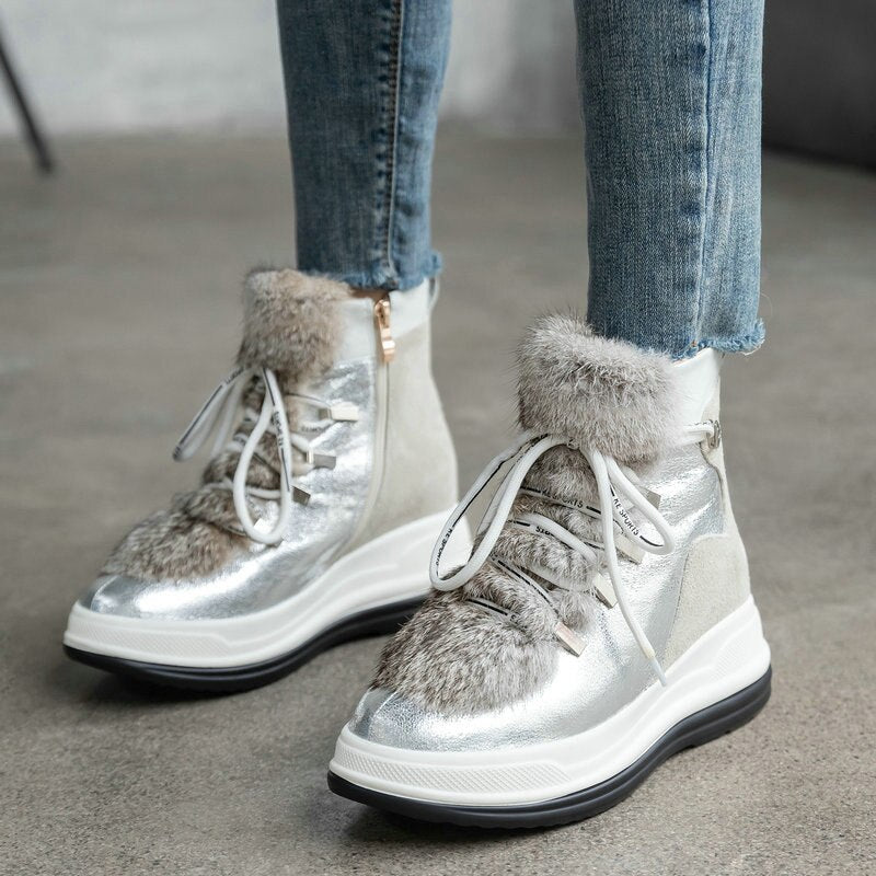 Woman Ankle Boots Fur Cow Leather  Wedge Heels Lace Up Winter Platform Ladies Motorcycle Snow Boots Size 3-12 - LiveTrendsX