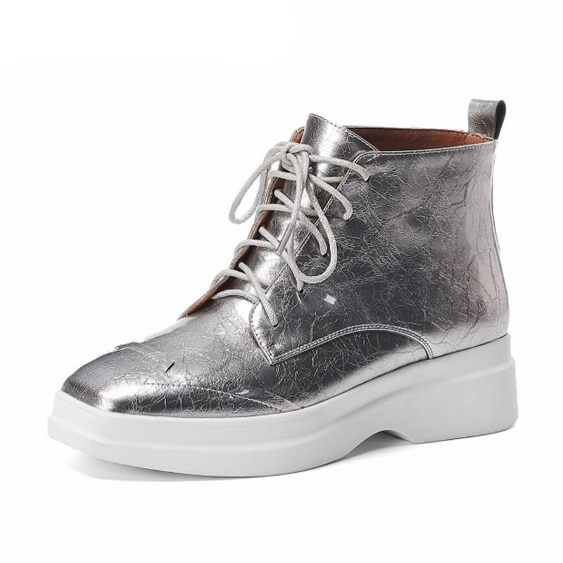 Muffin Shoes Silver Casual Elevator Women Ankle Boots Medium Heel Platform Booties Patent Leather Square Toe Flatform Wedge - LiveTrendsX