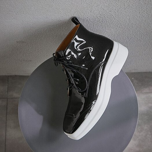 Muffin Shoes Silver Casual Elevator Women Ankle Boots Medium Heel Platform Booties Patent Leather Square Toe Flatform Wedge - LiveTrendsX