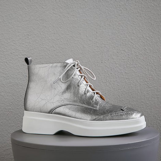 Muffin Shoes Silver Casual Elevator Women Ankle Boots Medium Heel Platform Booties Patent Leather Square Toe Flatform Wedge - LiveTrendsX