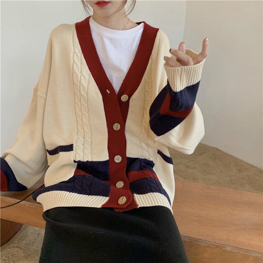 Women Autumn Winter Twist Patchwork Long Sweater Coat Female Long Sleeve V Neck Knitted Cardigan Loose plus size Pocket Outwear - LiveTrendsX