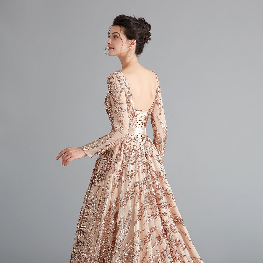 Dubai A-Line Luxury Evening Dress Muslim 2020 Vintage Long Sleeves Sequins Sparkle Prom Party Gowns - LiveTrendsX