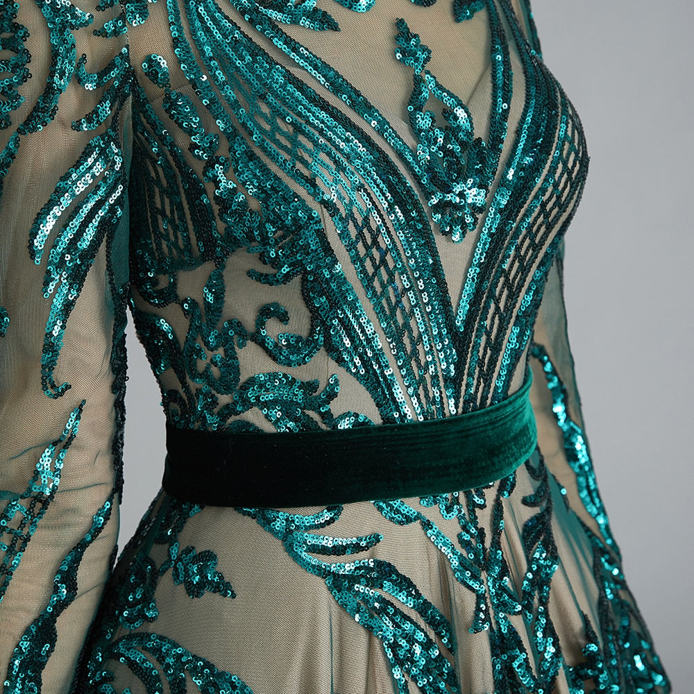 Dubai A-Line Luxury Evening Dress Muslim 2020 Vintage Long Sleeves Sequins Sparkle Prom Party Gowns - LiveTrendsX