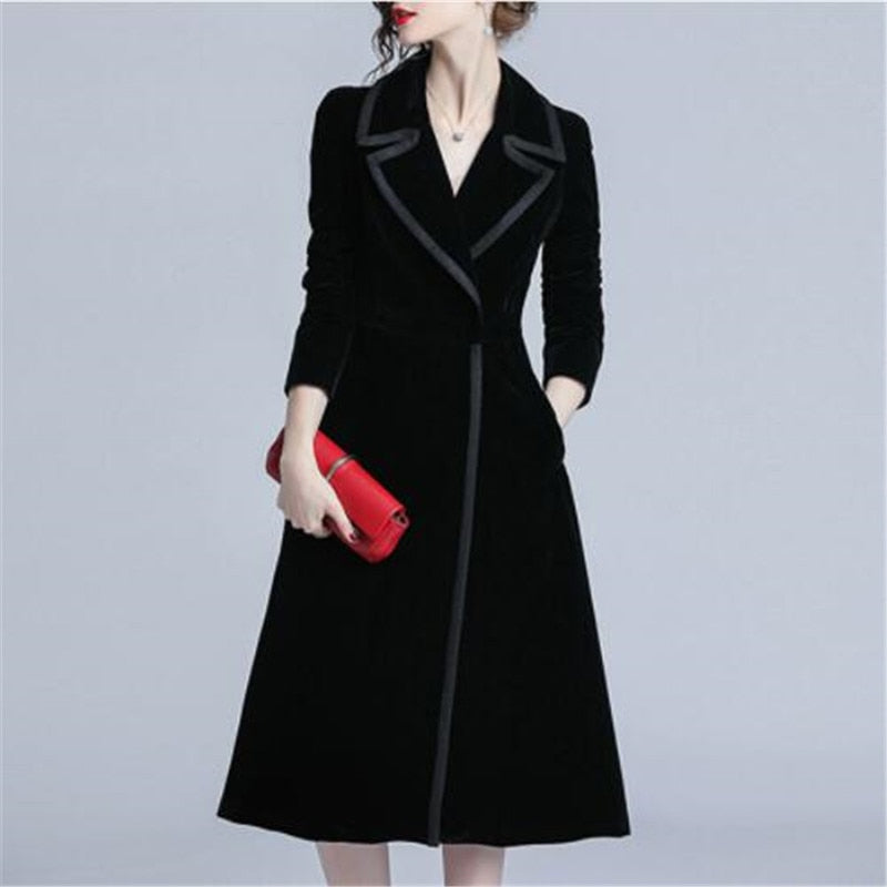 new arrival women fashion comfortable velvet trench coat professional OL temperament solid girls warm outdoor long black trench - LiveTrendsX
