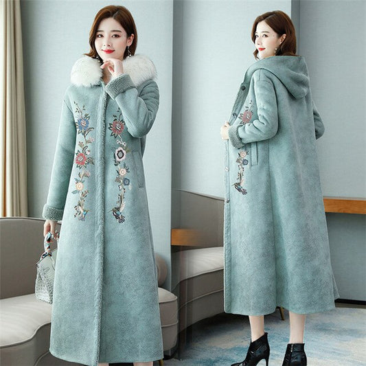 Women Winter Coat Embroidered Rabbit Collar Woollen Long Coat Fur Jacket Deerskin Suede Thicken Warm Hooded Faux Fur Coat Women - LiveTrendsX