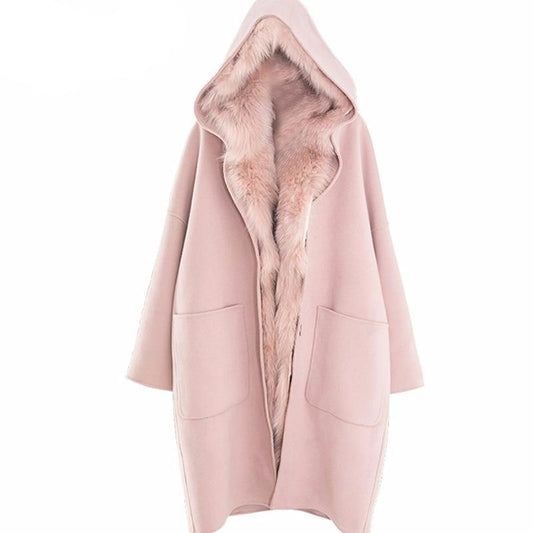Winter Women Pink Detachable Large Fur Collar Woolen Coat  Long Loose Hooded Keep Warm Wool Coat Trend  Outfit Q69 - LiveTrendsX