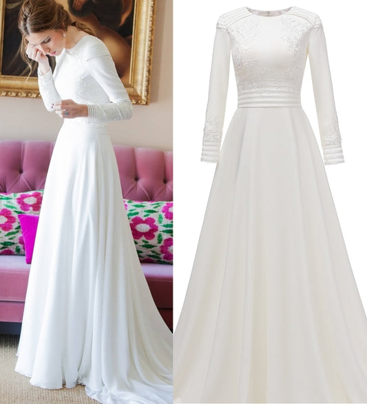 Real Photo Simple Long Sleeve Plain Satin Wedding Dress Bridal Gown Bride Custom Made - LiveTrendsX