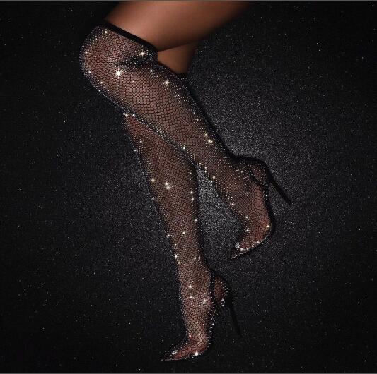 Hot Woman Black Bling Bling PVC Clear Sequins Diamond Fishnet Cuts Out Pointed Toe Heel-Strap Over The Knee Thigh Socks Boots - LiveTrendsX